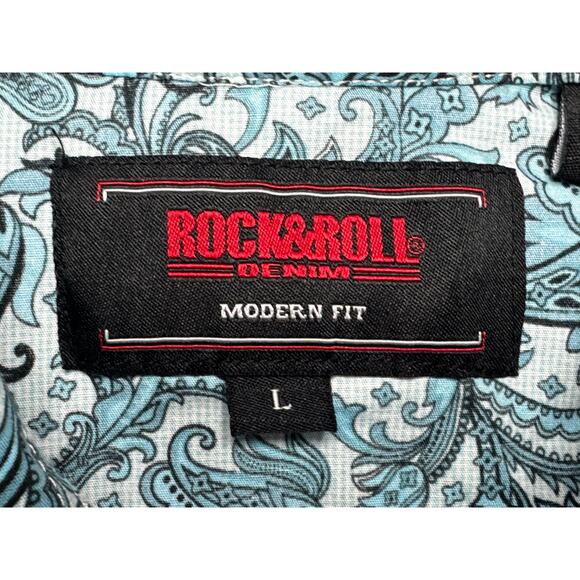 Rock & Roll Denim Youth Boys Modern Fit Blue Paisley Pearl Snap Shirt - Size L - Picture 3 of 4